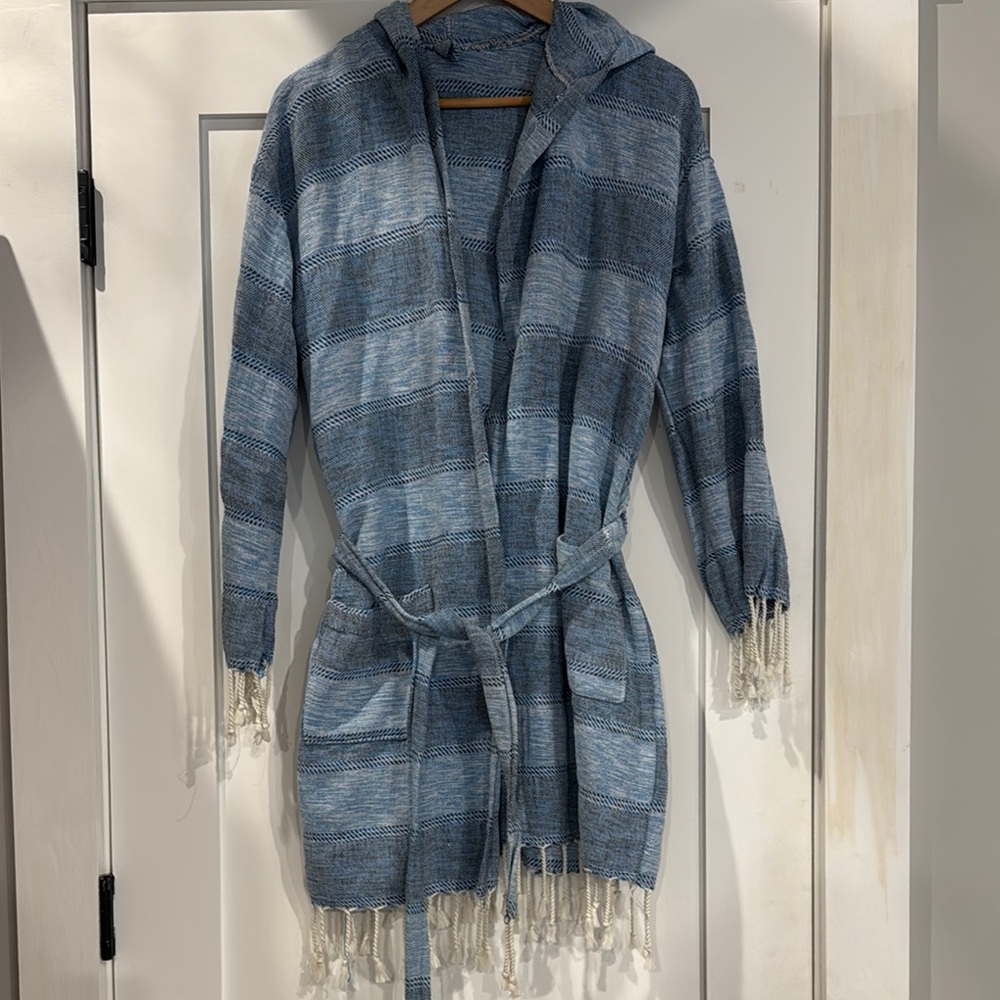 Blue Striped Hooded Wrap Cardigan with Fringe